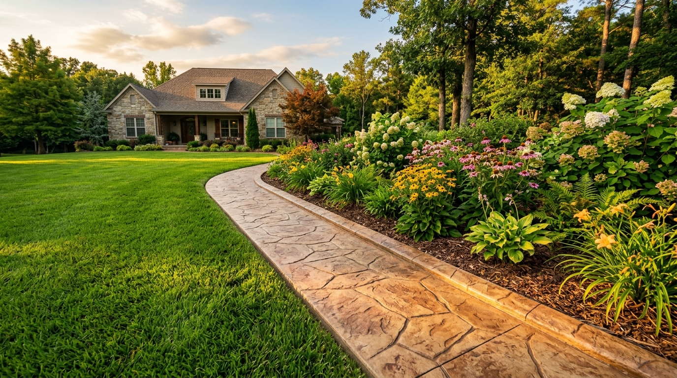 Decorative concrete curbing bordering a lush Arkansas lawn