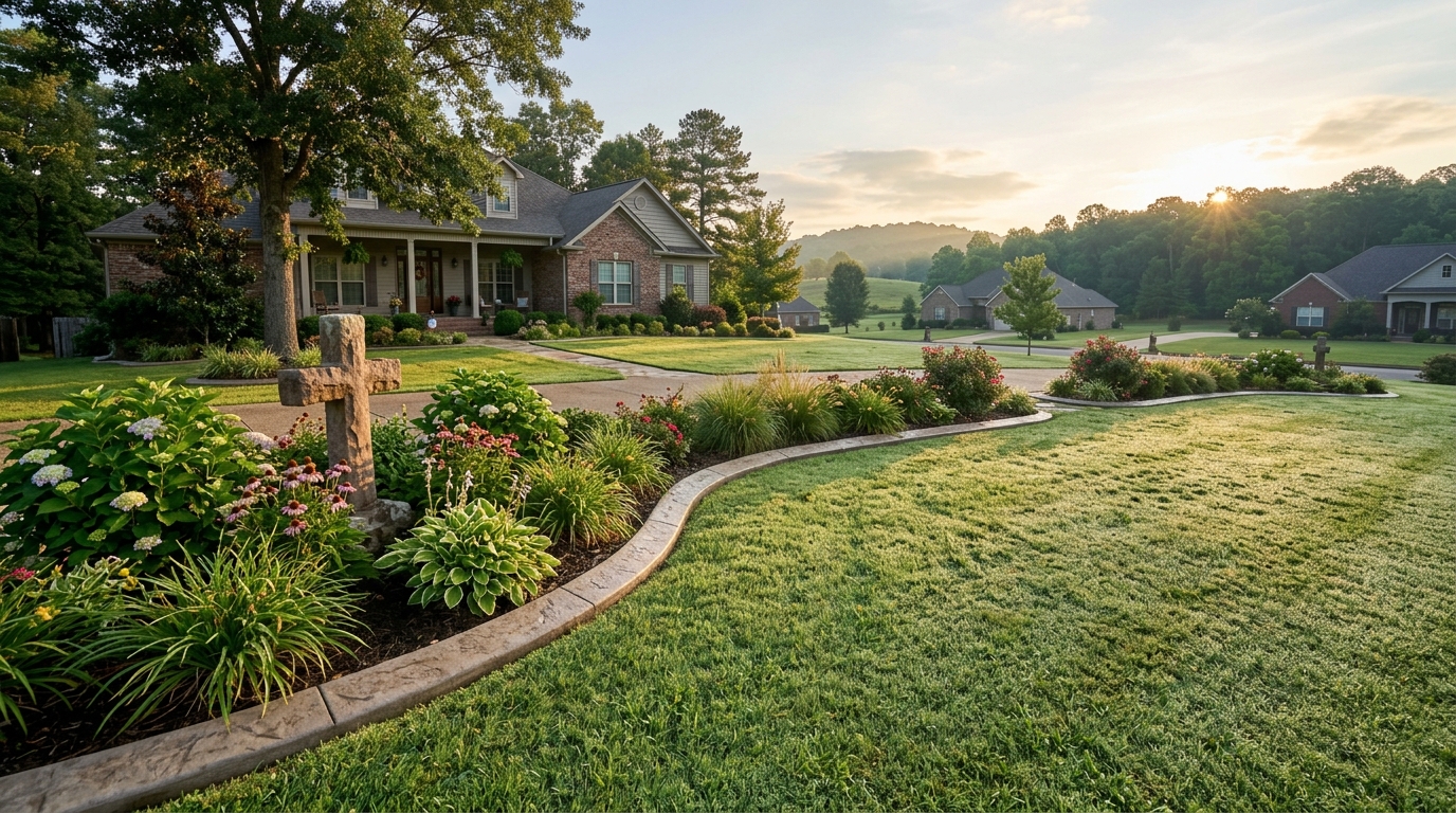 Peaceful morning light on a beautifully curbed Arkansas property