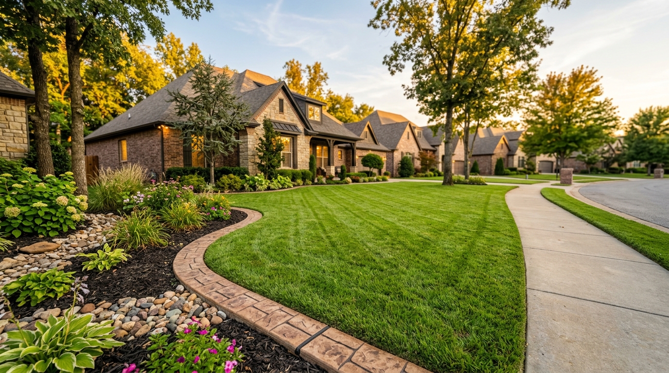 Decorative concrete landscape curbing in a Bentonville Arkansas neighborhood at golden hour