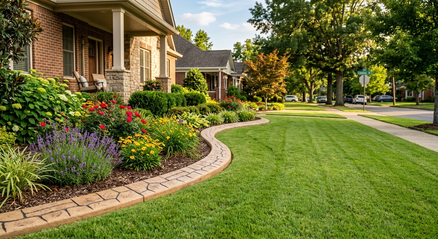Custom decorative concrete curbing in a Conway Arkansas neighborhood with manicured lawn and colorful landscaping