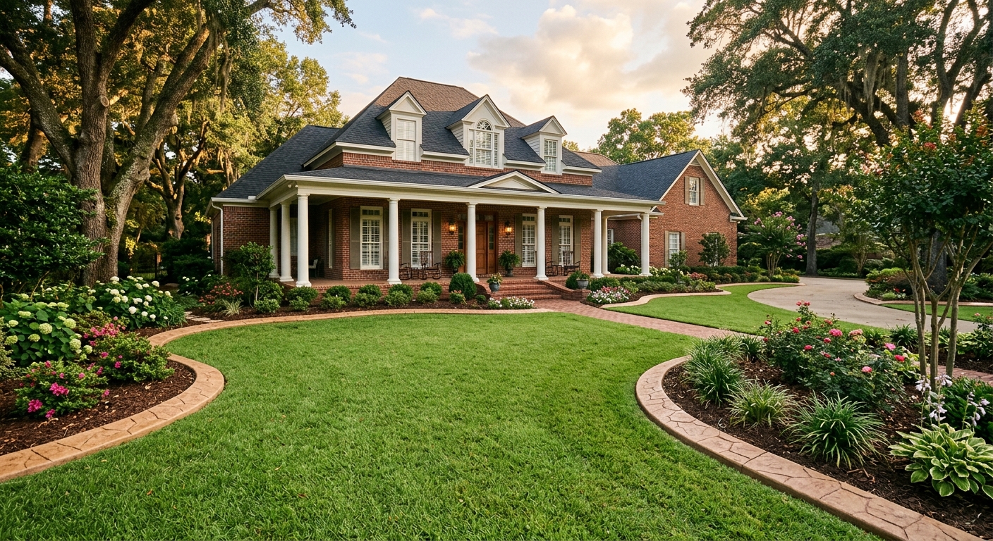 Decorative concrete curbing along a stately Southern home in El Dorado, Arkansas with mature oak trees and golden hour light