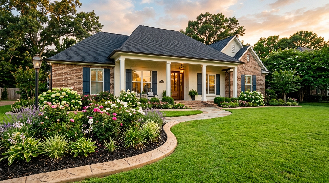 Decorative concrete landscape curbing in front of a beautiful Little Rock Arkansas home at sunset