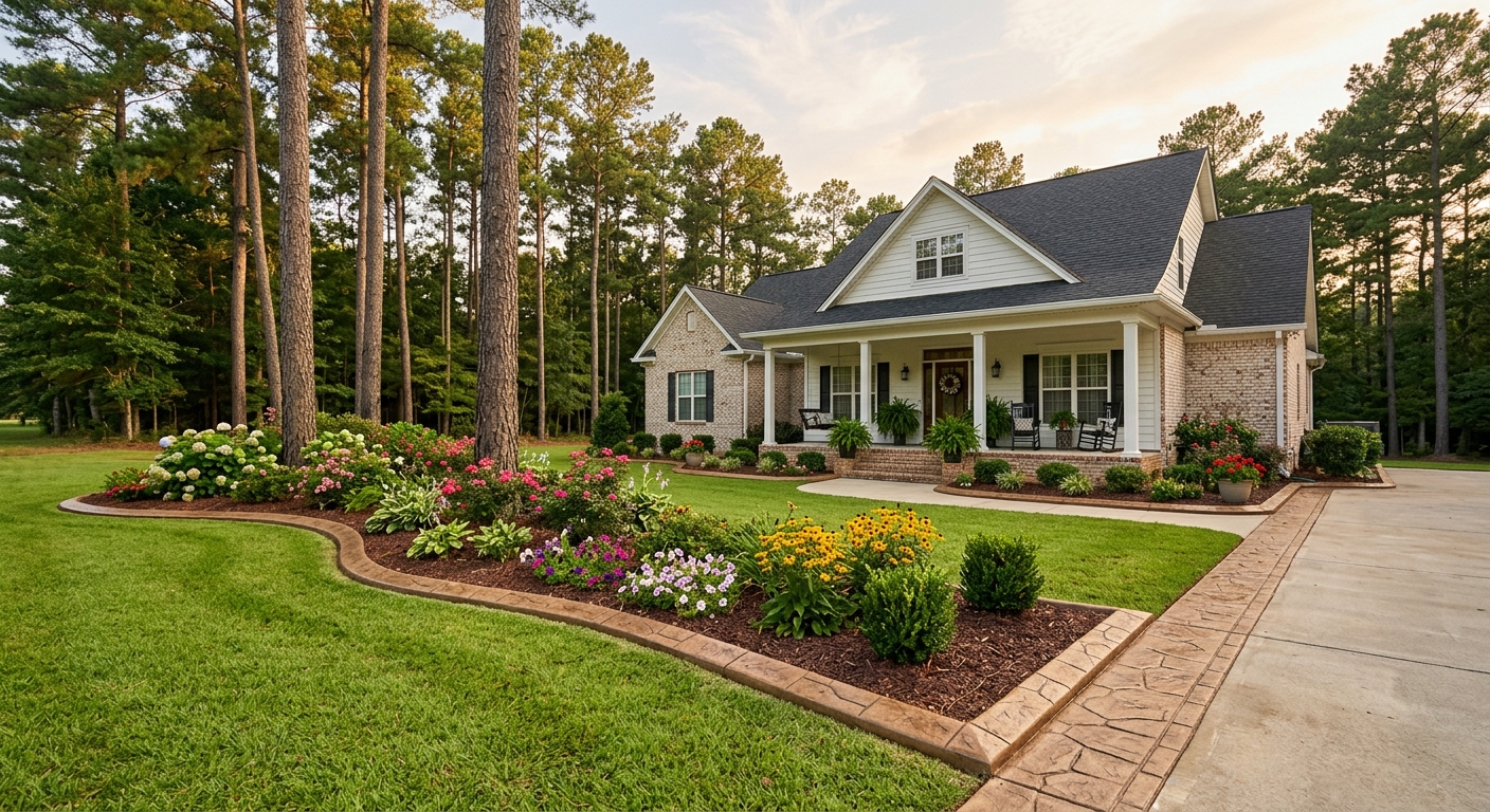 Decorative stamped concrete curbing along a residential property in Pine Bluff Arkansas with tall pine trees and warm afternoon light
