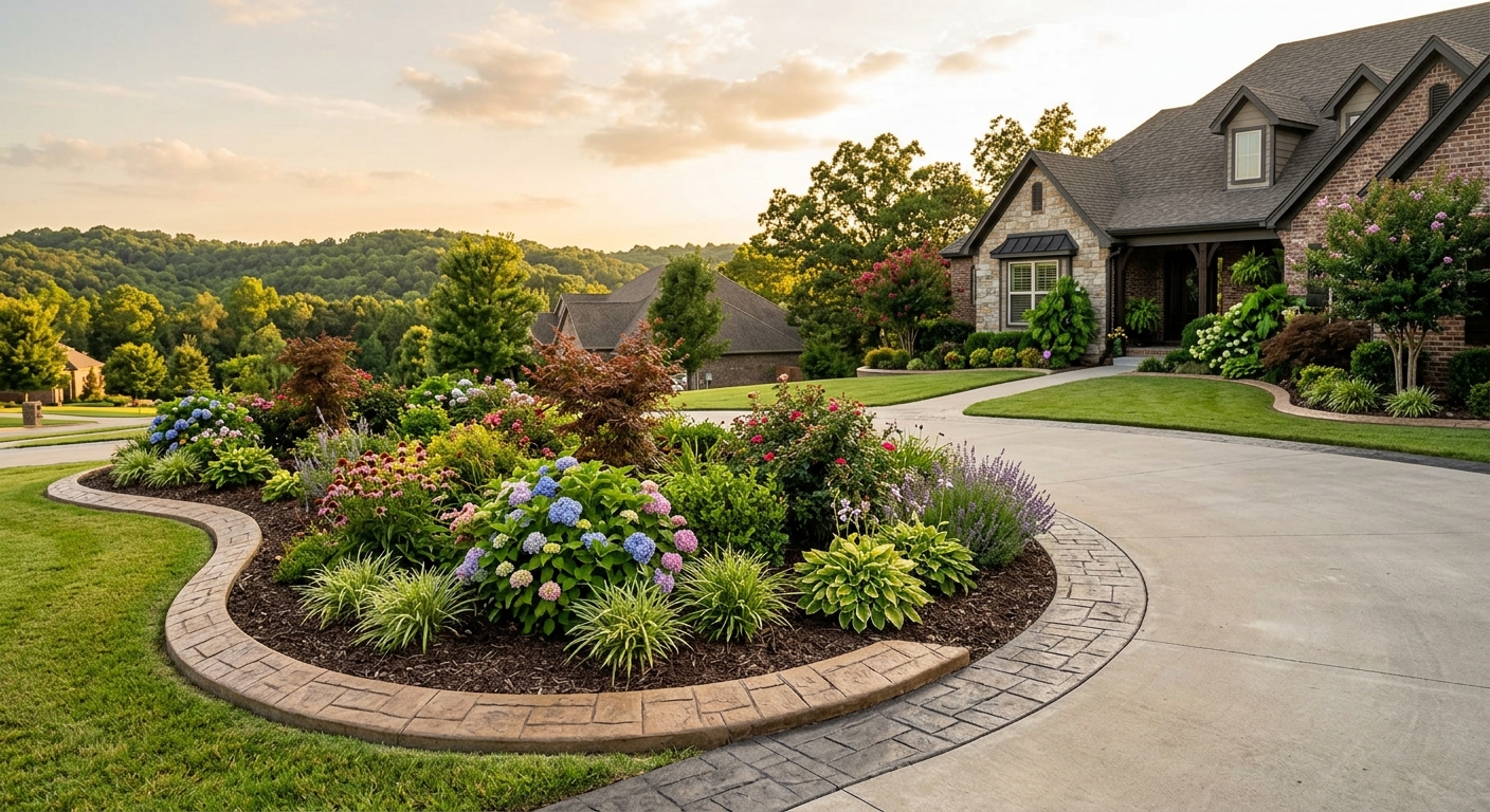 Decorative concrete curbing along a landscaped suburban home in Rogers, Arkansas with Ozark hills in background