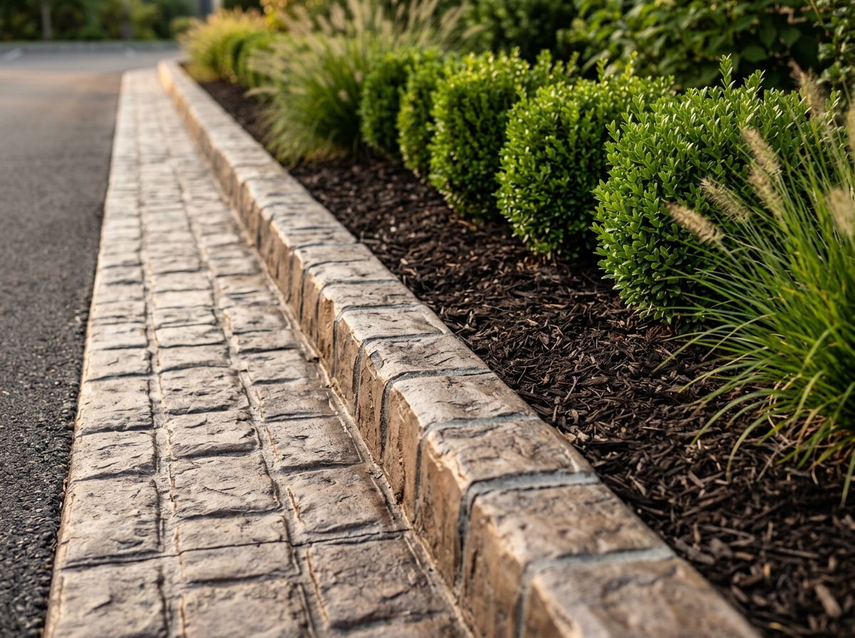 Close-up detail of decorative stamped concrete curbing along a commercial walkway