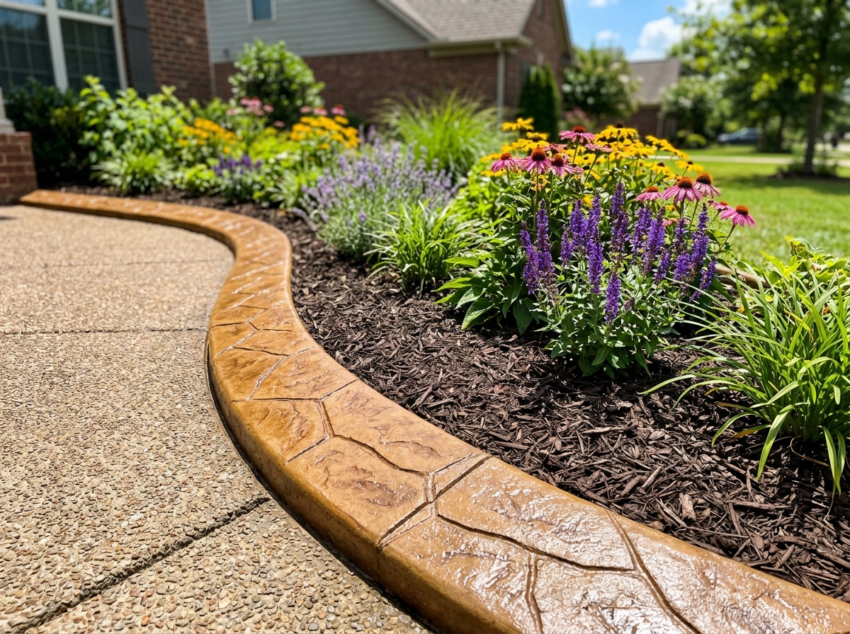 Close-up of decorative concrete curbing with stamped pattern bordering a garden bed
