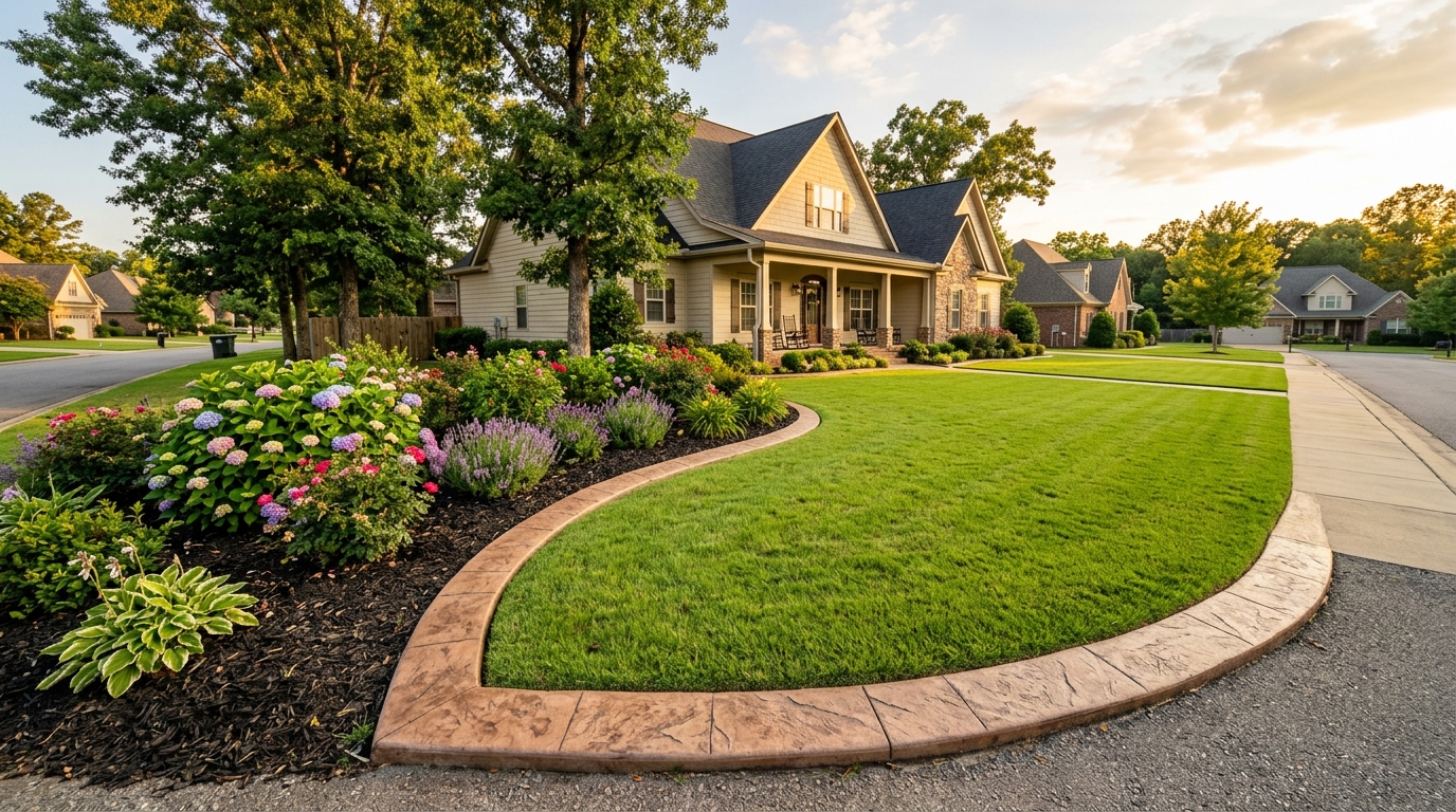 Beautiful residential decorative concrete curbing bordering flower beds and a manicured lawn
