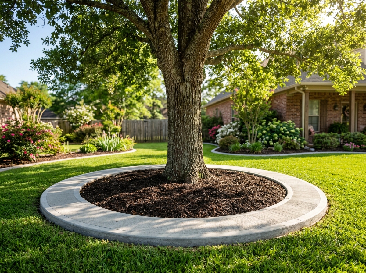 Custom concrete landscape edging around a tree ring